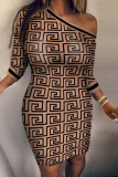 Khaki Sexy Print Patchwork Oblique Collar One Step Skirt Plus Size Dresses