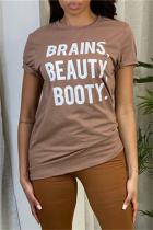Brown Fashion Casual Letter Print Basic O Neck T-Shirts