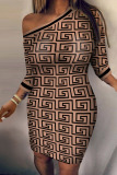 Khaki Sexy Print Patchwork Oblique Collar One Step Skirt Plus Size Dresses