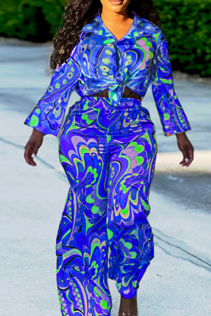 Blue Fashion Print Patchwork Turndown Collar Long Sleeve Two Pieces