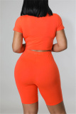 Orange Fashion Casual Solid Ripped Hollowed Out O Neck Short Sleeve Two Pieces