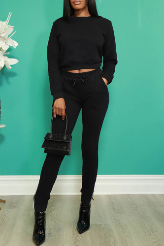 Black Solid Patchwork O Neck Long Sleeve Two Pieces