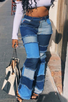 Blue Casual Patchwork Tear High Waist Boot Cut Denim Jeans