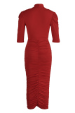 Red Fashion Casual Solid Fold V Neck One Step Skirt Dresses
