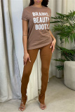 Brown Fashion Casual Letter Print Basic O Neck T-Shirts