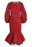 Red Fashion Patchwork Solid Hollowed Out See-through O Neck Long Sleeve Dresses