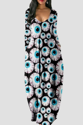 Blue Black Casual Street Punk Print Patchwork V Neck Long Dress Dresses