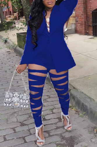 Blue Sexy Street Solid Hollowed Out Patchwork Buttons Turn-back Collar Two Pieces