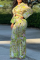 Blue Fashion Print Patchwork Turndown Collar Long Sleeve Two Pieces