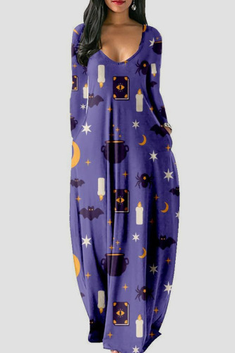 Purple Halloween Bat Moon Print Long Sleeve Deep V Neck Fall Winter Loose Straight Maxi Dress