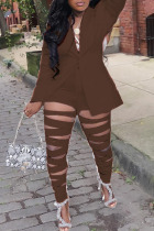 Brown Sexy Street Solid Hollowed Out Patchwork Buttons Turn-back Collar Two Pieces