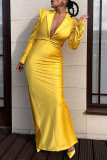Yellow Fashion Casual Solid Patchwork Turndown Collar Long Sleeve Dresses