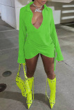 Fluorescent Green Sexy Solid Bandage Patchwork Asymmetrical V Neck Long Sleeve Dresses
