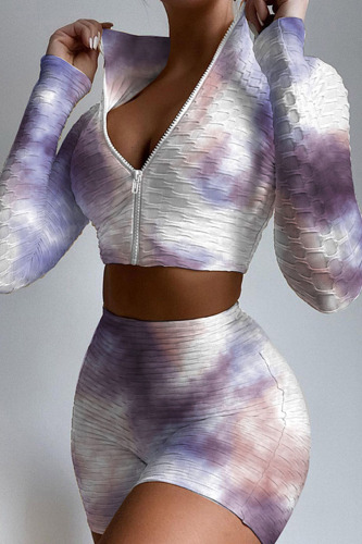 Purple Casual Sportswear Print Patchwork Zipper Collar Long Sleeve Two Pieces