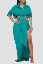 Green Sexy Solid Tassel Bandage Patchwork Asymmetrical Turndown Collar Long Sleeve Two Pieces
