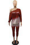 Burgundy Fashion Gradual Change Letter One Shoulder Long Sleeve Two Pieces