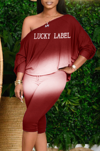Burgundy Fashion Gradual Change Letter One Shoulder Long Sleeve Two Pieces