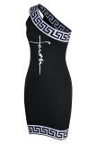 Black Sexy Casual Print Patchwork Backless Oblique Collar Sleeveless Dress