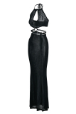 Black Fashion Sexy Solid Bandage Hollowed Out Backless Halter Long Dress