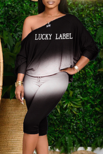 Black Fashion Gradual Change Letter One Shoulder Long Sleeve Two Pieces