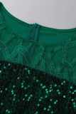 Green Fashion Patchwork Plus Size Sequins See-through O Neck Short Sleeve Dress