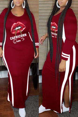 Burgundy Casual Print Patchwork Slit O Neck Straight Plus Size Dresses