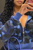 Blue Fashion Camouflage Print Patchwork Hooded Collar Outerwear