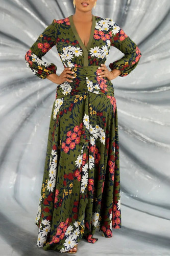 Multicolor Fashion Casual Print Patchwork V Neck Long Sleeve Dresses