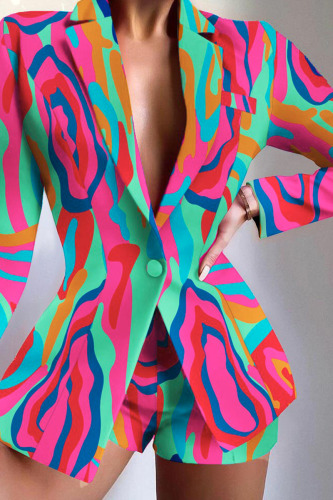 Colour Casual Print Patchwork Buttons Turn-back Collar Long Sleeve Two Pieces