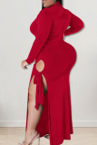 Red Sexy Solid Patchwork Slit O Neck Straight Plus Size Dresses