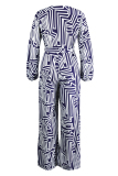 Blue White Fashion Casual Print Patchwork V Neck Regular Jumpsuits