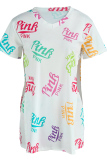 White Fashion Casual Letter Print Slit V Neck Short Sleeve Two Pieces