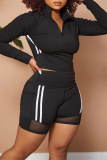 Black Fashion Casual Sportswear Striped Patchwork Zipper Collar Long Sleeve Two Pieces