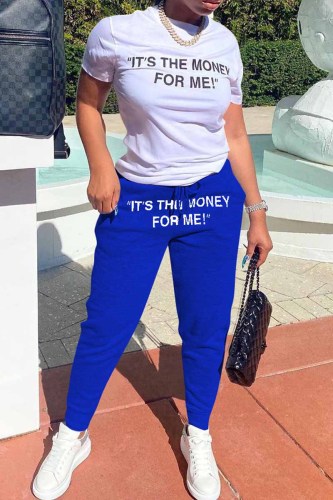 Blue Fashion Casual Letter Print Patchwork O Neck Short Sleeve Two Pieces