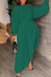 Ink Green Casual Solid Patchwork Asymmetrical Oblique Collar Dresses