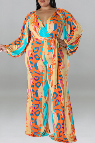 Yellow Casual Print Bandage Patchwork V Neck Plus Size Jumpsuits