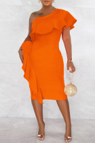 Orange Fashion Casual Solid Patchwork Backless Oblique Collar One Step Skirt Dresses