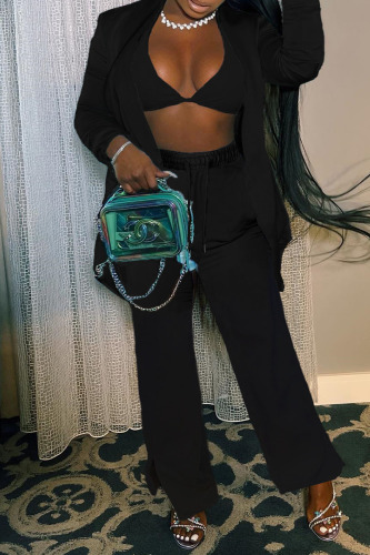 Black Sexy Solid Patchwork Turn-back Collar Long Sleeve Three Pieces