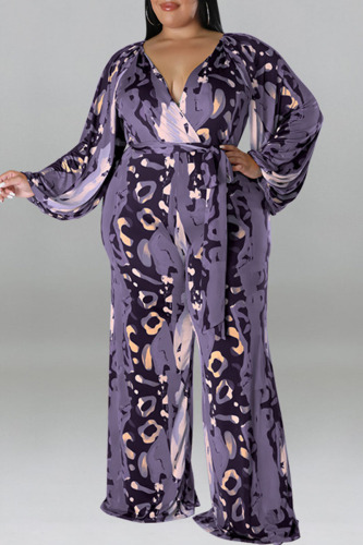 Purple Casual Print Bandage Patchwork V Neck Plus Size Jumpsuits