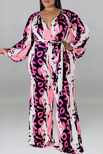 Pink Casual Print Bandage Patchwork V Neck Plus Size Jumpsuits