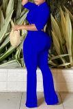 Blue Fashion Casual Solid Bandage Turndown Collar Half Sleeve Two Pieces