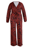 Red Casual Print Bandage Patchwork V Neck Plus Size Jumpsuits