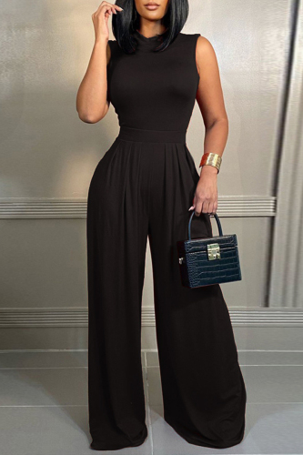 Black Fashion Casual Solid Patchwork O Neck Sleeveless Two Pieces
