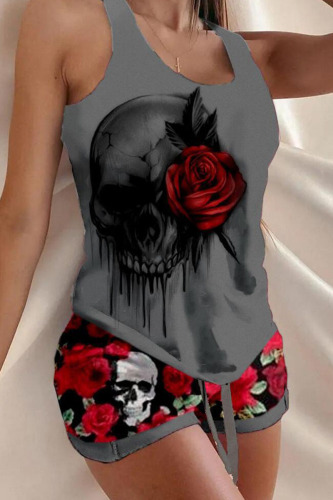 Grey Halloween Skull Hand Print Sleeveless U Neck Vest and Baggy Shorts 2 Piece Outfits