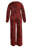 Red Casual Print Bandage Patchwork V Neck Plus Size Jumpsuits