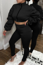 Black Fashion Casual Solid Patchwork Zipper Collar Long Sleeve Two Pieces