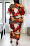 Red Yellow Fashion Print Patchwork Half A Turtleneck One Step Skirt Plus Size Dresses