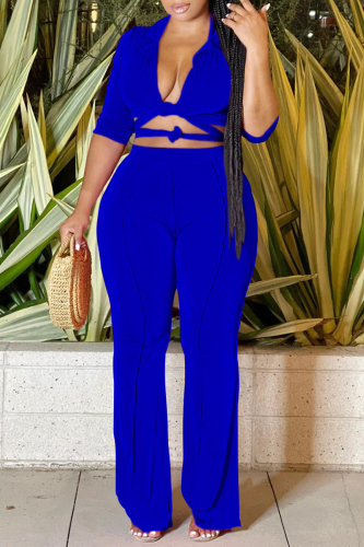 Blue Fashion Casual Solid Bandage Turndown Collar Half Sleeve Two Pieces