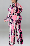 Pink Casual Print Bandage Patchwork V Neck Plus Size Jumpsuits