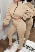 Apricot Fashion Casual Solid Patchwork Zipper Collar Long Sleeve Two Pieces